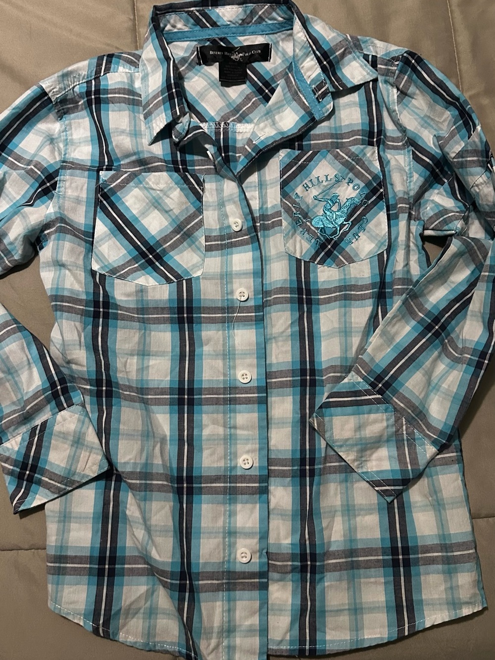 Beverly Hills Polo Club Teal & Gray Plaid Button-Down Shirt